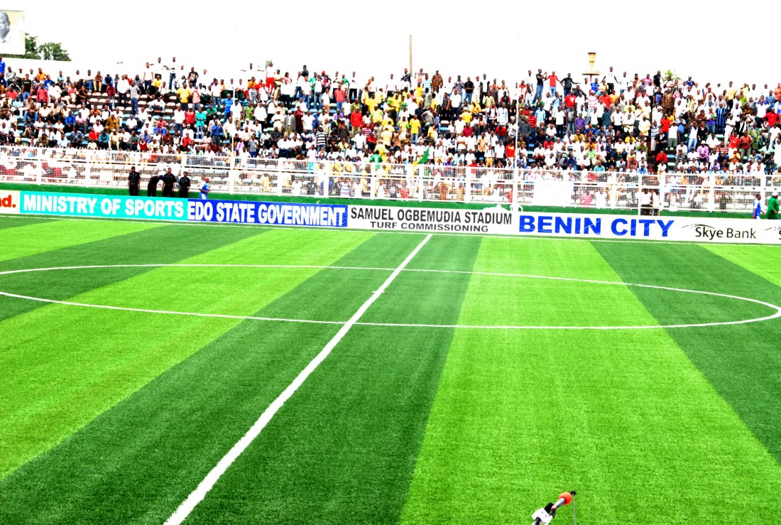 A view of the football pittch of the Samuel Ogbemudia Stadium, Benin, Edo State during a match of the Nigerian female football team, the Super Falcons