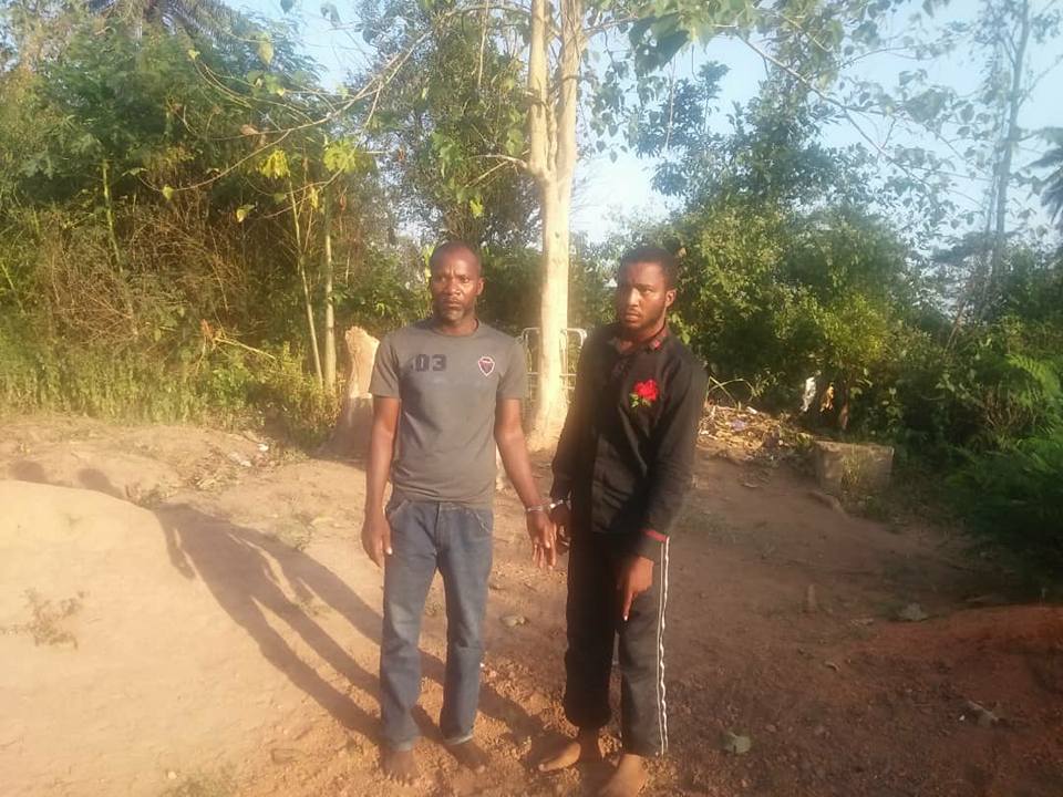 Owolabi Adeeko (right), a former student of LASU, and fellow murder suspect, Segun Phillip pictured after their arrest for the murder of LASU student, Favour Daley-Oladele in Osun State | Facebook