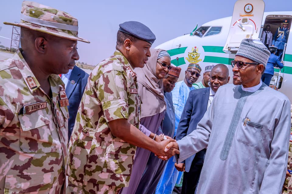Boko Haram President Buhari on Feb 12, 2020 paid a sympathy visit to Borno State over the Auno Boko Haram attack in which 30 travellers were killed on Sunday. | State House Photo