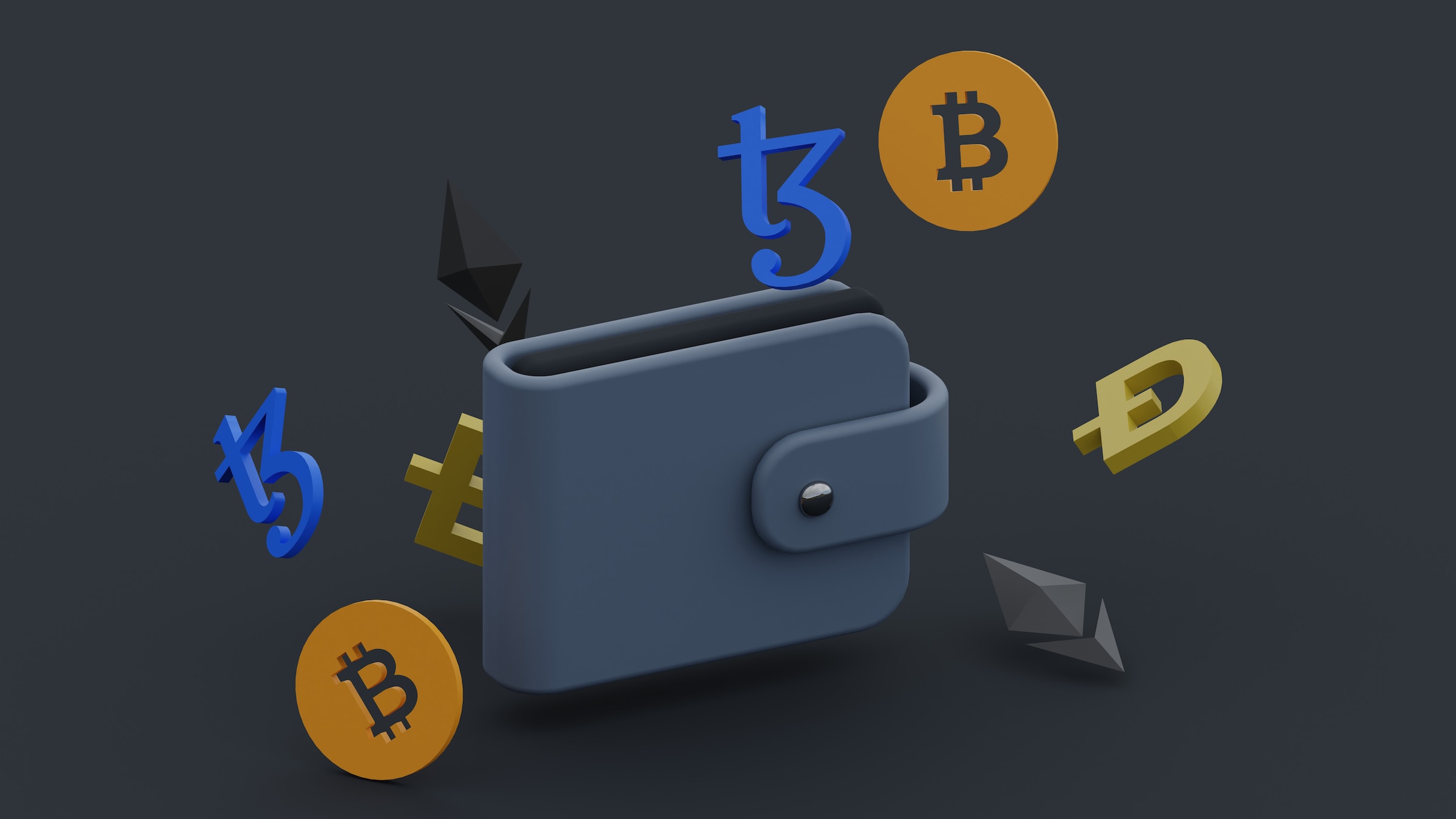 A wallet with bitcoins falling out of it.