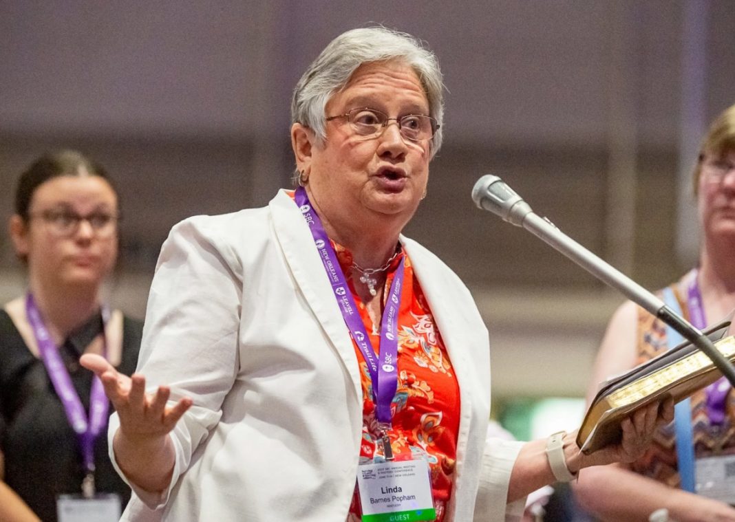 Rev. Linda Bames Popham speaks at the Southern Baptist Convention at the New Orleans Ernest N. Morial Convention Center in New Orleans, Tuesday, June 13, 2023. |