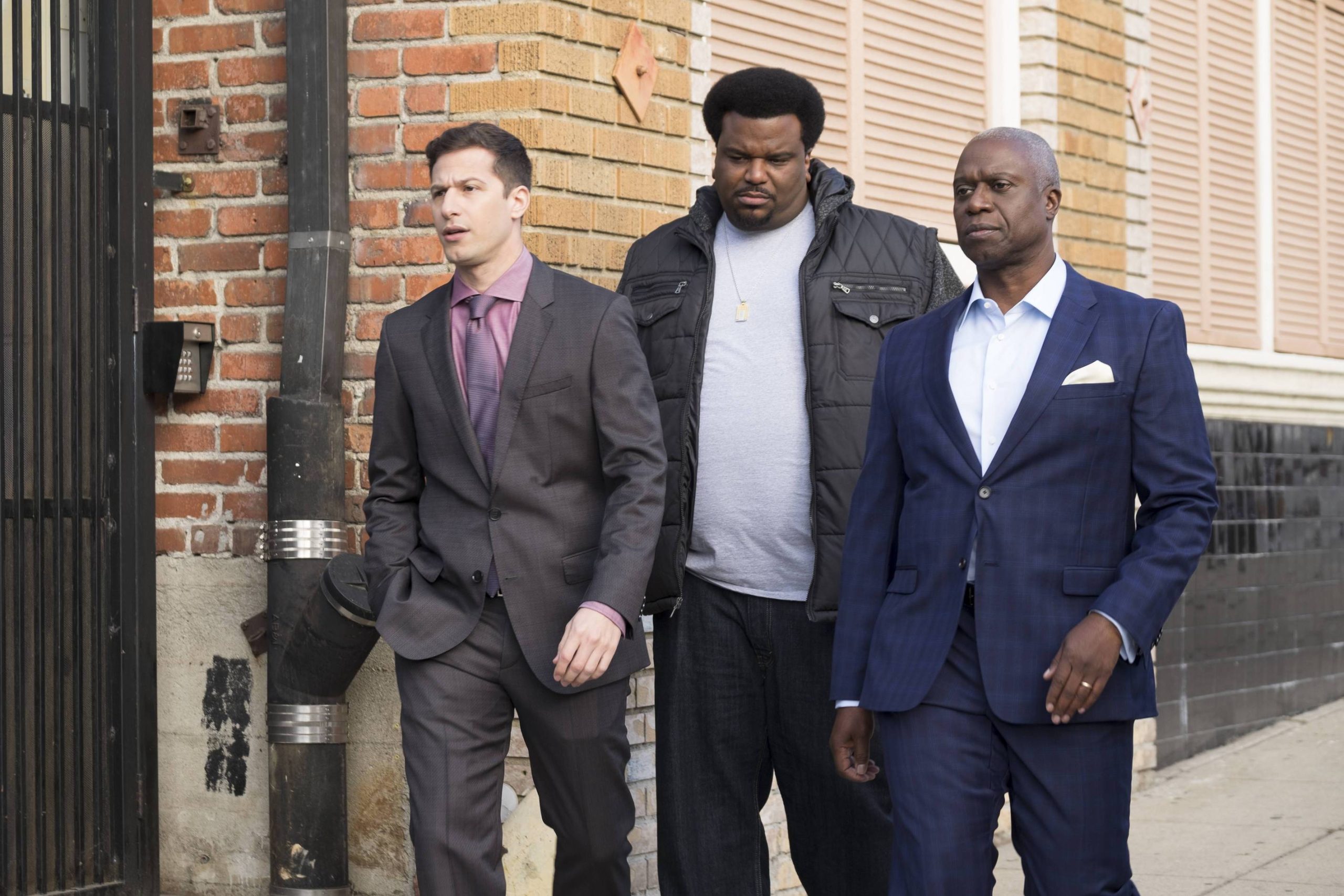 Andre Braugher, Craig Robinson, and Andy Samberg in Brooklyn Nine-Nine (2013)