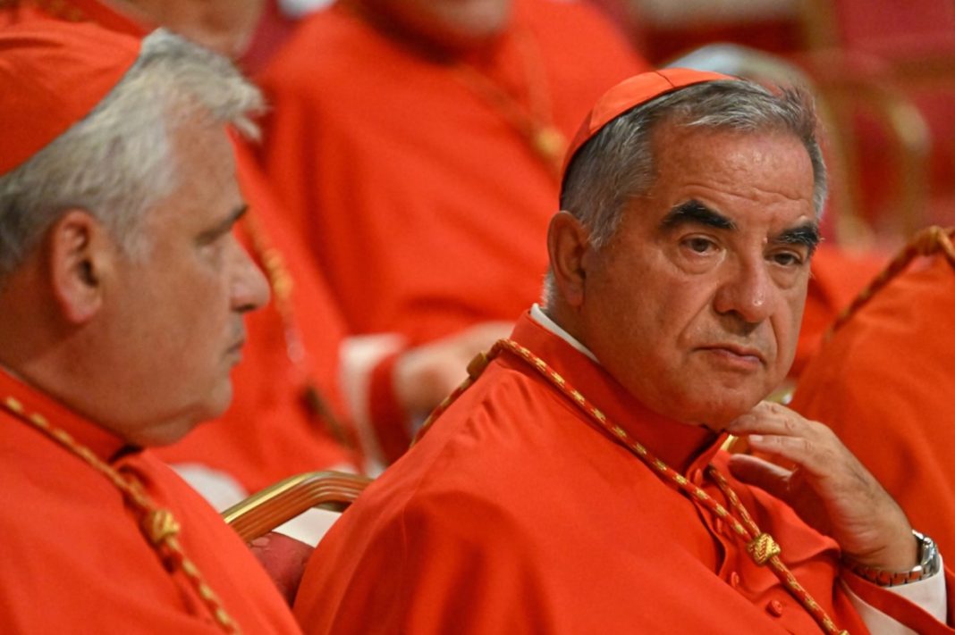 Vatican, Italian Cardinal Giovanni Angelo Becciu attends a Vatican consistory for the creation of new Cardinals on Aug. 27, 2022 at St. Peter's Basilica. (Alberto Pizzoli/AFP/Getty Images)