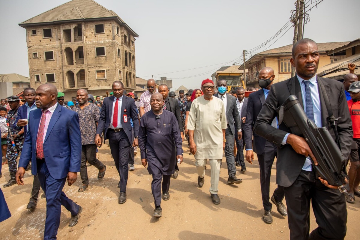 Dr Alex Otti, the governor of Abia State inspects a road project in the commercial city of Aba on Saturday, January 27, 2024. 