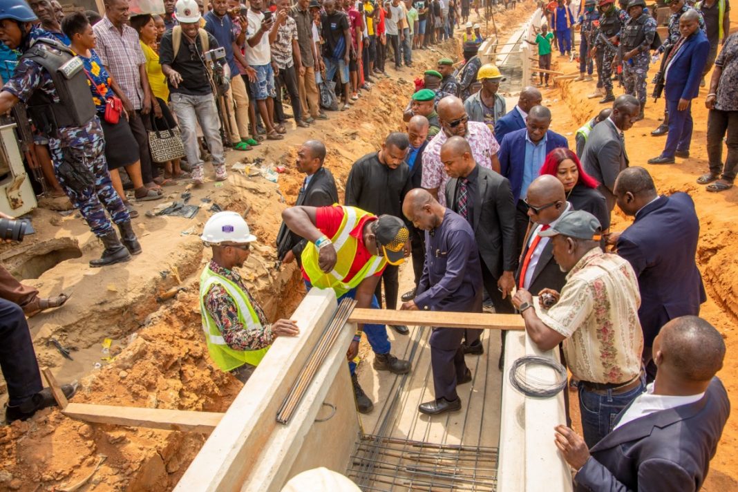 Dr Alex Otti, the governor of Abia State inspects a road project in the commercial city of Aba on Saturday, January 27, 2024.