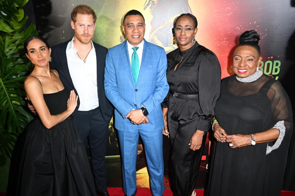 Prince Harry and Meghan Markle at the "Bob Marley: One Love" premiere in Jamaica with Prime Minister Andrew Holness. 