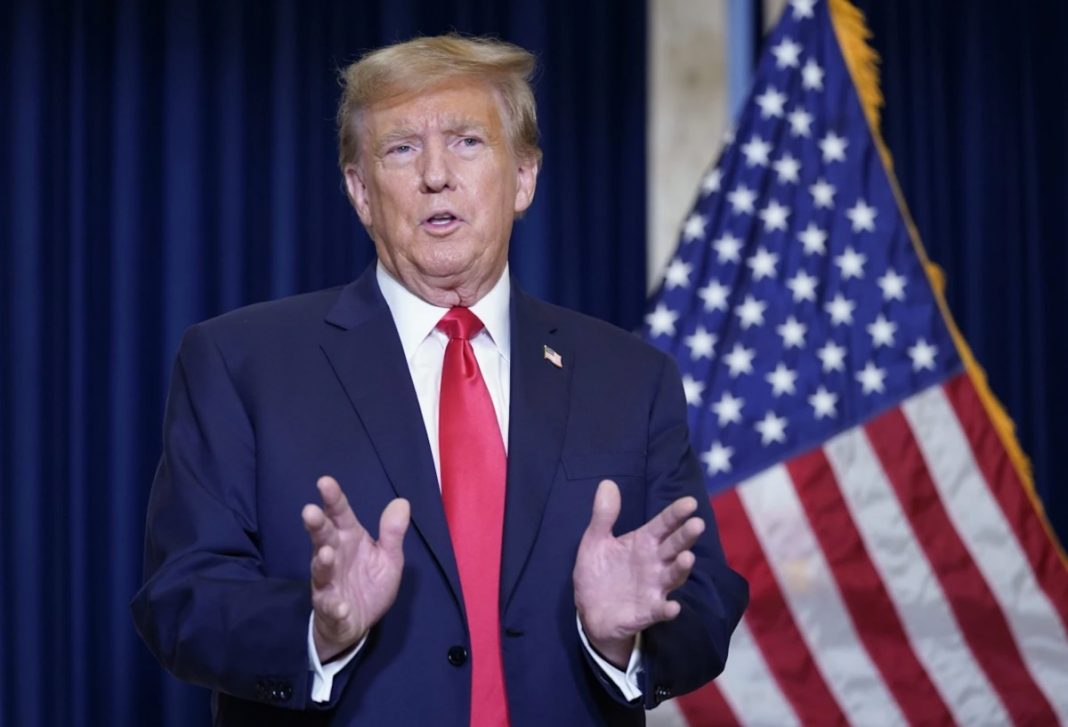 Former President Donald Trump speaks to the media at