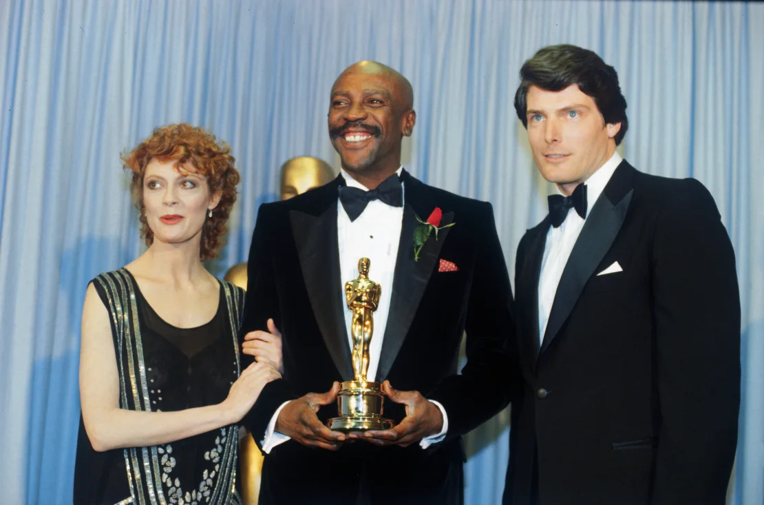 Susan Sarandon and Christopher Reeves flank Louis Gossett Jr., winner of the 1982 Academy Award for best supporting actor for his role in "An Officer and a Gentleman." Bettmann Archive/Getty Images