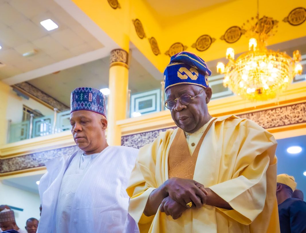 Shettima, President Bola Tinubu (right) and Vice President Kassim Shettima pictured during prayers in Lagos on Eid-el-Fitr.