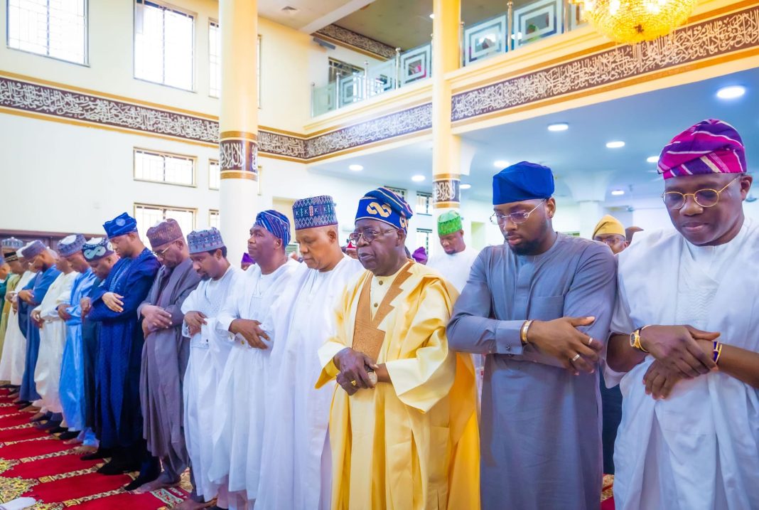 Northern Elders Forum, President Bola Tinubu (right) and Vice President Kassim Shetima pictured during Eid-el-Fitr prayers in Lagos on Friday, April 12, 2024. | State House Photo