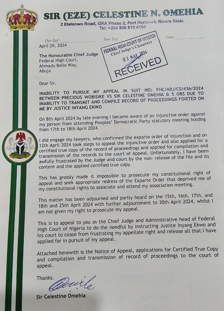 Three notable figures, Sir Celestine N. Omehia, Prince Uche Secondus, and Rt. Hon. Austin A. Opara, have petitioned the Chief Judge of the Federal High Court, challenging Justice Inyang Ekwo for his refusal to release crucial court documents needed for their appeals.