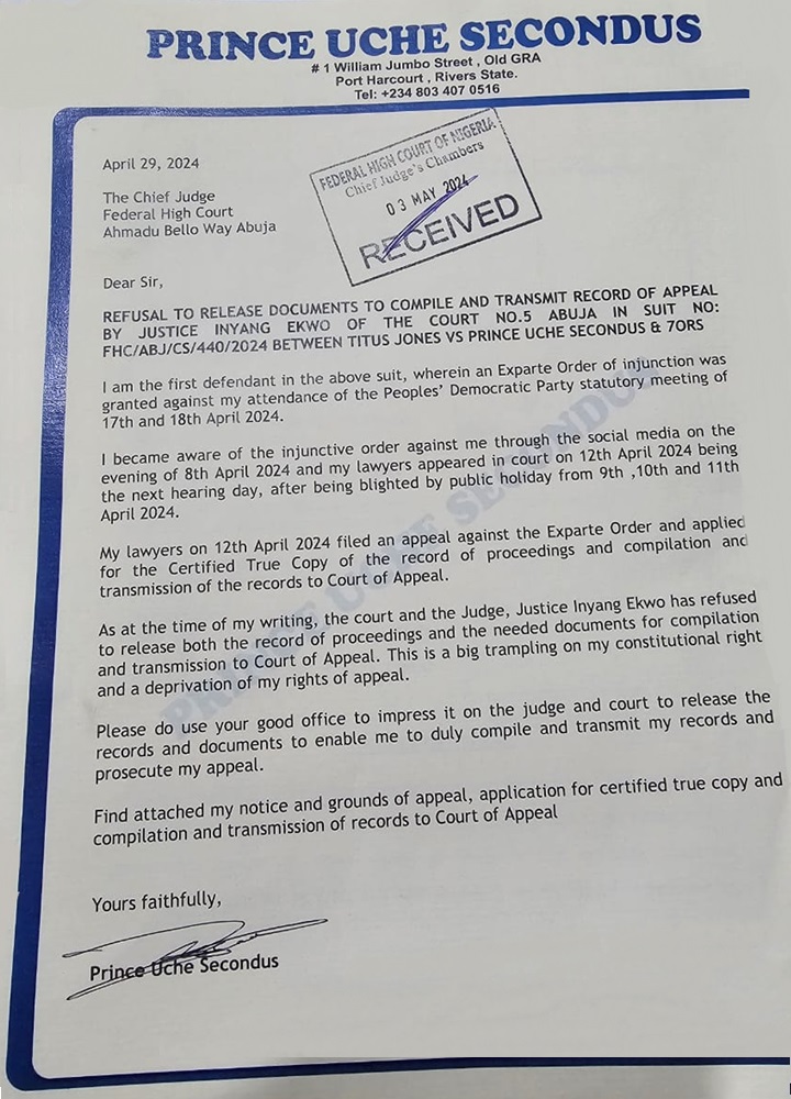 Three notable figures, Sir Celestine N. Omehia, Prince Uche Secondus, and Rt. Hon. Austin A. Opara, have petitioned the Chief Judge of the Federal High Court, challenging Justice Inyang Ekwo for his refusal to release crucial court documents needed for their appeals.