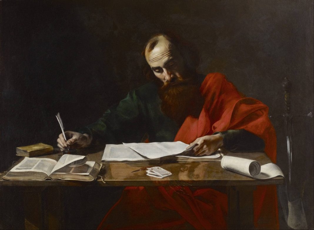 Epistles Saint Paul writing his Epistles in a snapshot of an artwork that is probably a Valentin De Boulogne | Google Art Project