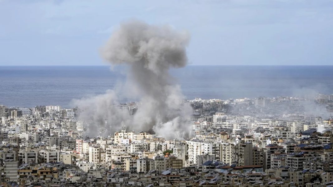 Smoke rises after an Israeli airstrike on Dahiyeh, in the southern suburb of Beirut, Lebanon on Monday. | Bilal Hussein/AP
