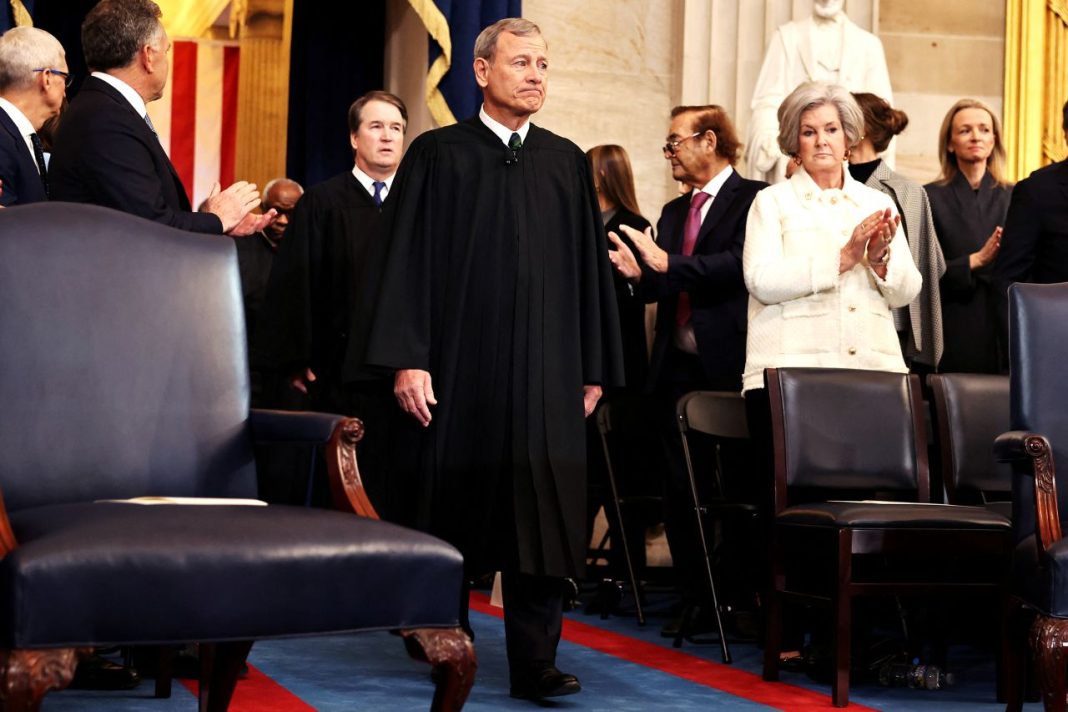 Supreme Court Justice Brett Kavanaugh and Chief Justice John Roberts enter the Capitol Rotunda in Washington, DC on Monday, January 20, 2025. | Chip Somodevilla/Pool via Reuters  