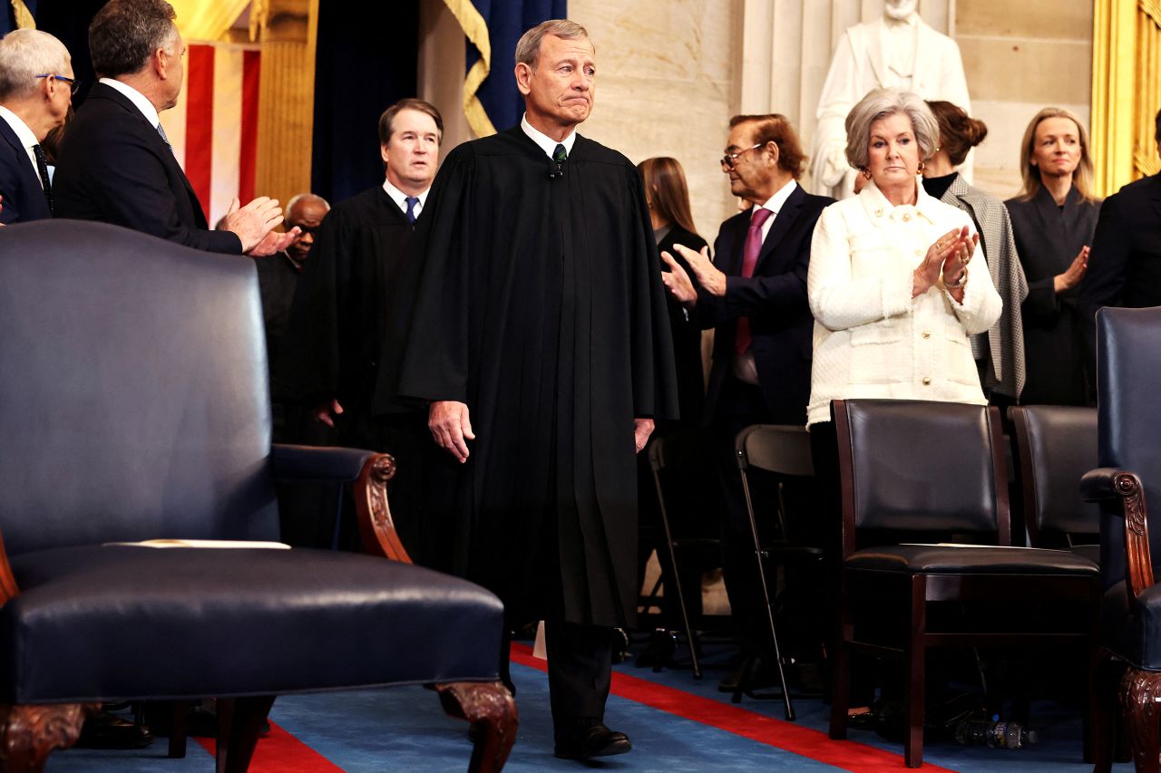Supreme Court Justice Brett Kavanaugh and Chief Justice John Roberts enter the Capitol Rotunda in Washington, DC on Monday, January 20, 2025. | Chip Somodevilla/Pool via Reuters