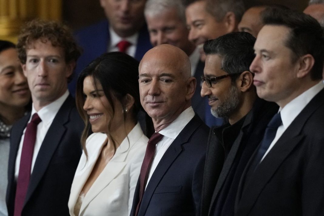 Mark Zuckerberg, Jeff Bezos, Sundar Pichai and Elon Musk arrive for President-elect Donald Trump's inauguration in the Capitol Rotunda in Washington, DC on Monday, January 20, 2025. | Julia Demaree Nikhinson/Pool/AFP/Getty Images
