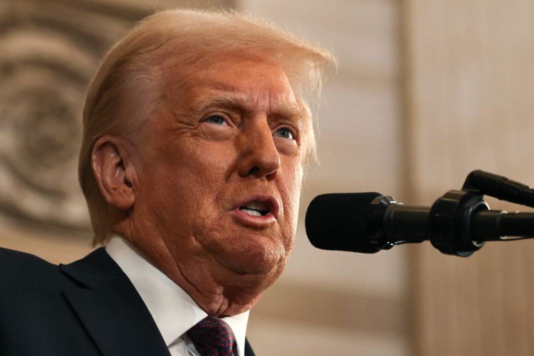 104%, President Donald Trump delivers his inaugural address at the Capitol on Monday, January 20, 2025. | Chip Somodevilla/Pool/AFP via Getty Images  