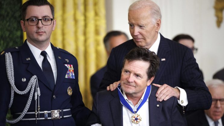 President Joe Biden presents the Presidential Medal of Freedom to Michael J. Fox, during a ceremony in the East Room of the White House, in Washington, D.C., Jan. 4, 2025. Ken Cedeno/Reuters