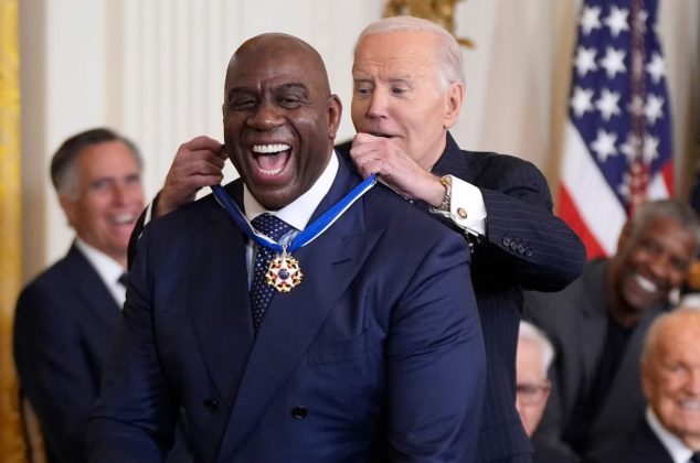 President Joe Biden presents the Presidential Medal of Freedom, the Nation's highest civilian honor, to Earvin "Magic" Johnson in the East Room of the White House, Jan. 4, 2025, in Washington, D.C. | Manuel Balce Ceneta/AP