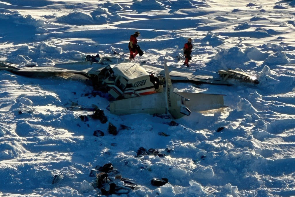 Rescue crew at the site of the wreckage of a Bering Air Cessna Caravan carrying 10 people was found crashed off the western coast of Alaska on Friday, February 7, 2025, a day after it failed to reach its destination in Nome. | AP  