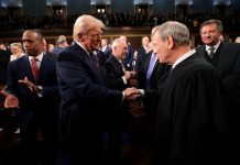 Supreme Court Signals Doubt on Donald Trump’s Landmark Birthright Citizenship Case Left: President Donald Trump greets Chief Justice of the United States John G. Roberts as he arrives to deliver an address to a joint session of Congress at the U.S. Capitol on March 4, 2025. Photo by Win McNamee/ Pool via REUTERS
