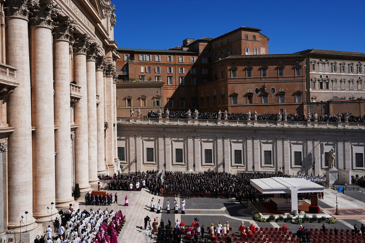 The coffin of Pope Francis is carried into the Vatican's St. Peter's Square for the start of his funeral on Saturday, April 26, 2025. | Evan Vucci/AP