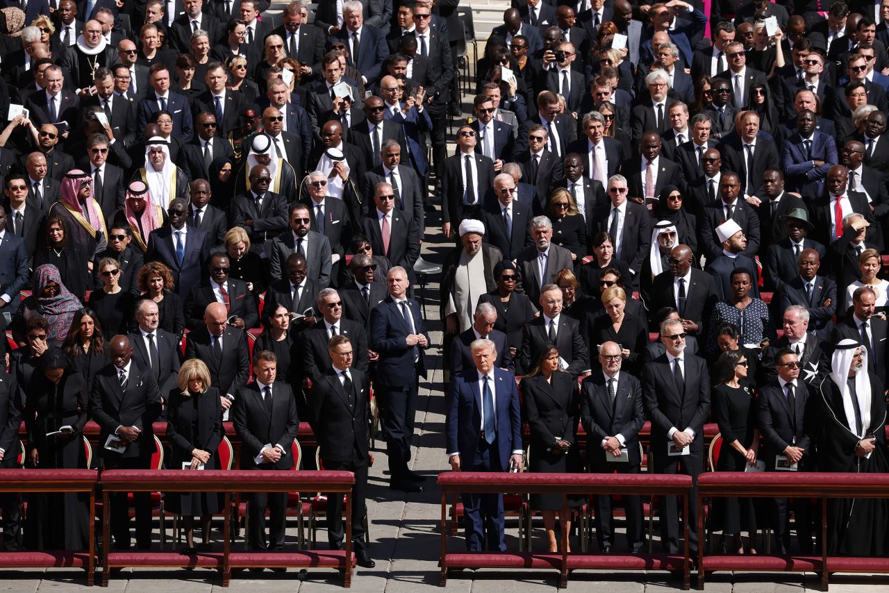 Dignitaries attend the pope’s funeral in St. Peter’s Square. Among the world leaders in the front row are US President Donald Trump and French President Emmanuel Macron. Dan Kitwood/Getty Images