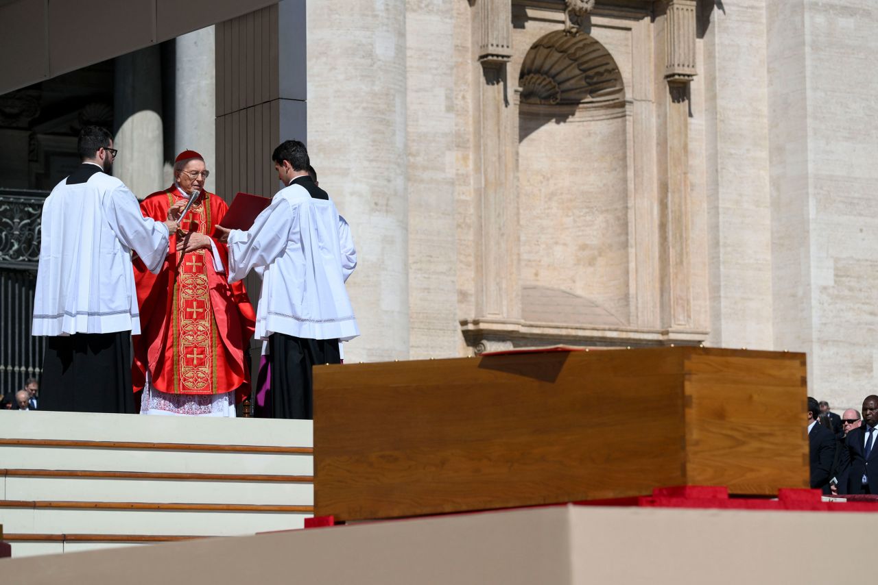 Cardinal Giovanni Battista Re officiates the mass in front of the coffin during the funeral of Pope Francis in St. Peter’s Square. Antonio Masiello/Getty Images