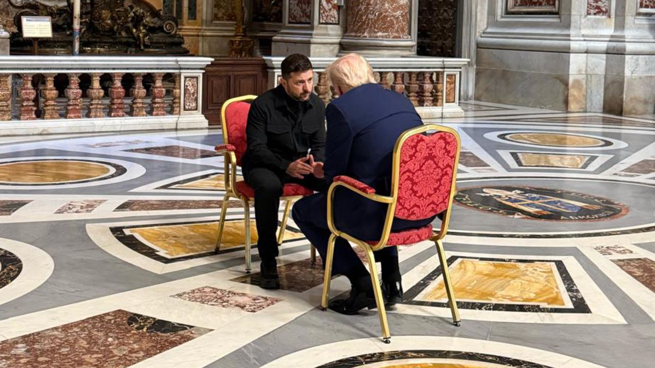 Ukrainian President Zelensky, left, meets his US counterpart Donald Trump at the Vatican ahead of Pope Francis funeral on April 26. Ukrainian Presidency