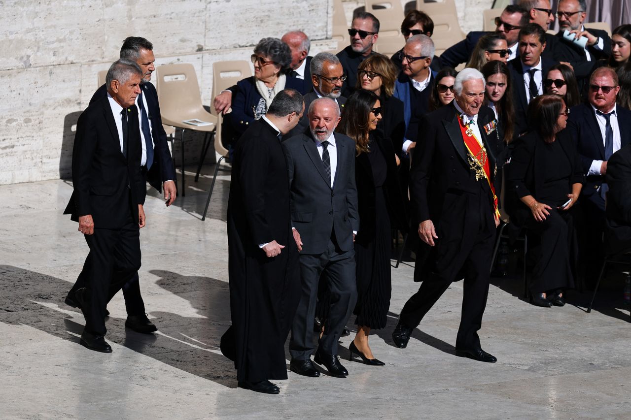 Brazil's President Luiz Inacio Lula da Silva and his wife Rosangela "Janja" da Silva walk ahead of the funeral Mass of Pope Francis, at the Vatican on Saturday. Kai Pfaffenbach/Reuters