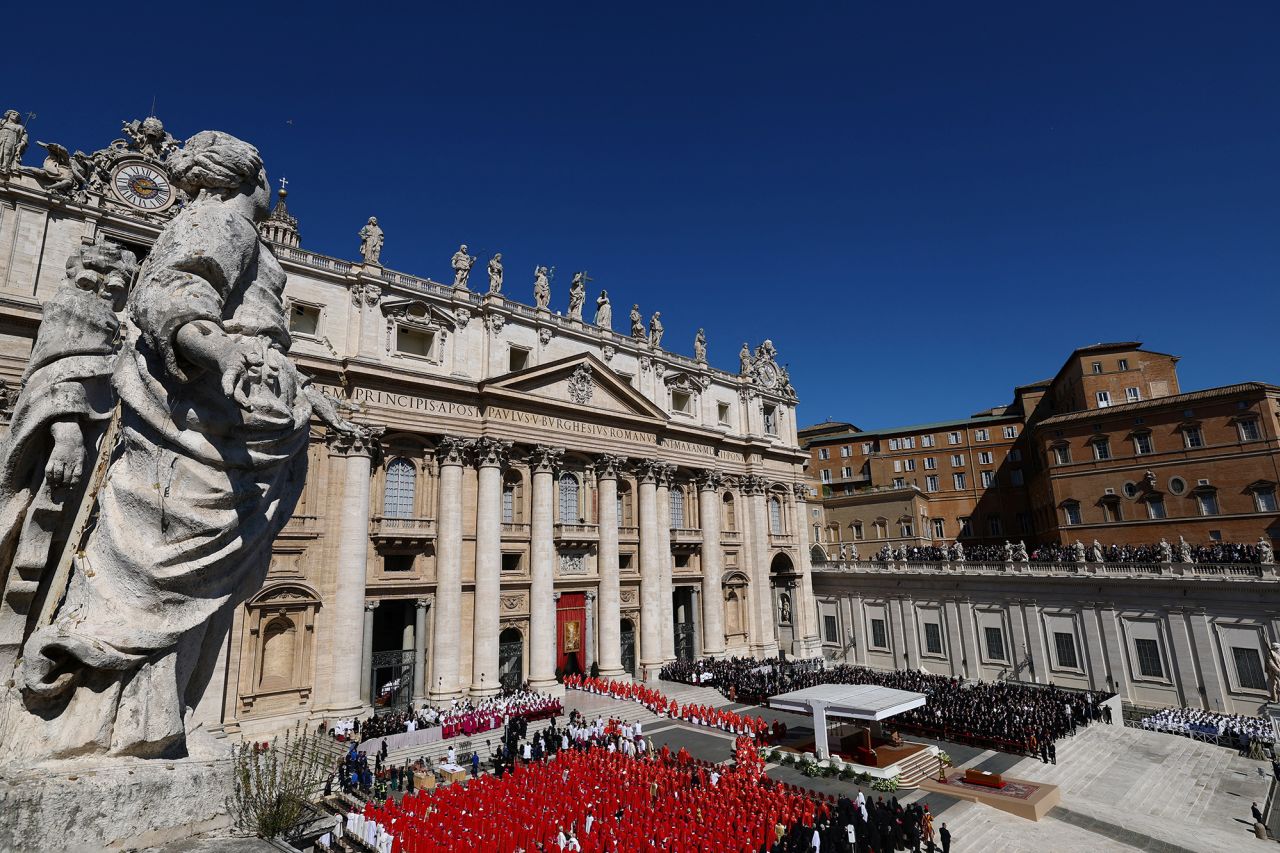 A general view shows the funeral Mass of Pope Francis in St. Peter's Square at the Vatican on Saturday. Kai Pfaffenbach/Reuters