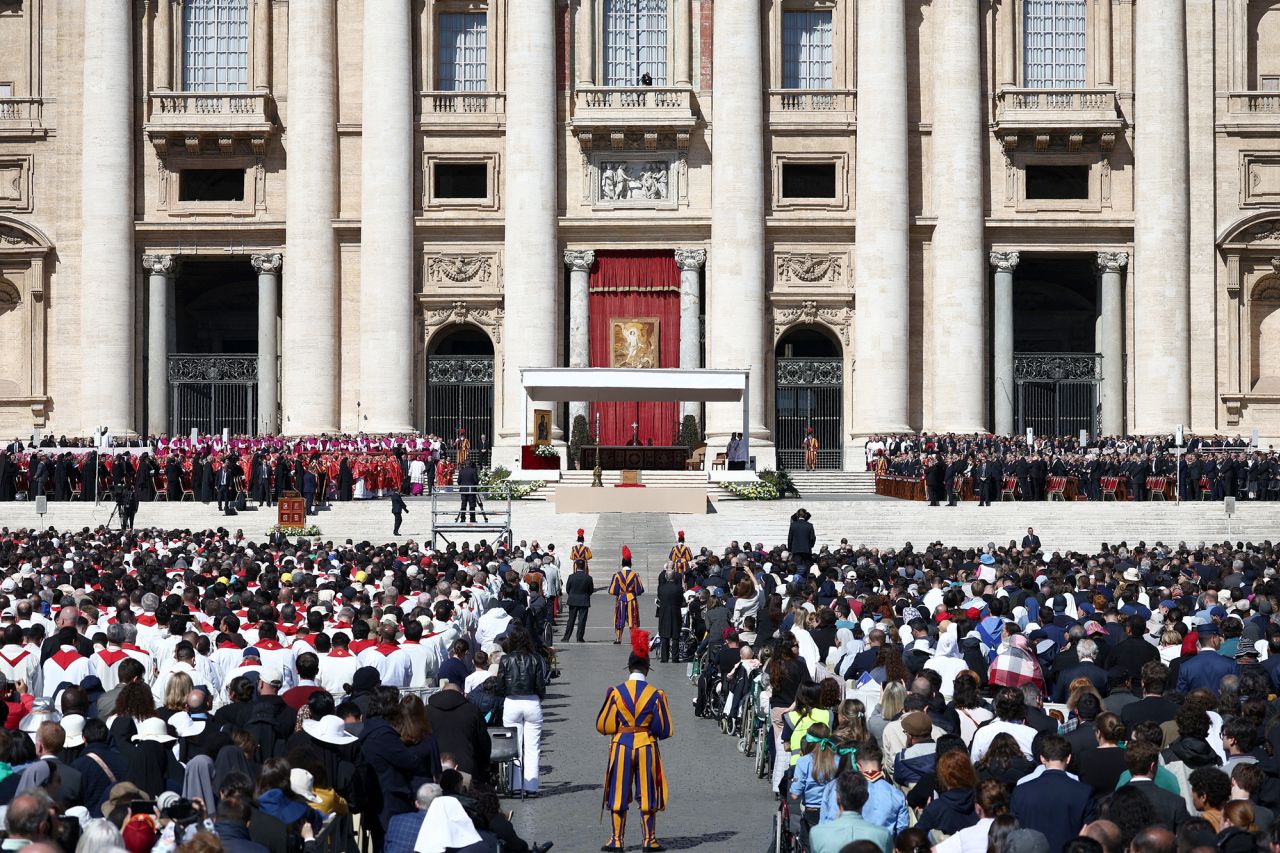 Faithful attend the funeral Mass of Pope Francis in St. Peter's Square at the Vatican. Guglielmo Mangiapane/Reuters
