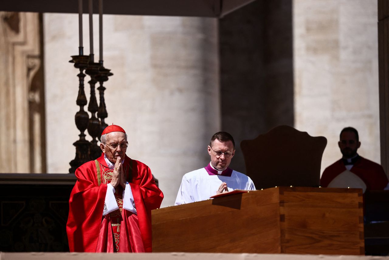 Cardinal Giovanni Battista Re leads the funeral Mass of Pope Francis in St. Peter's Square on Saturday, April 26, 2025. | Yara Nardi/Reuters