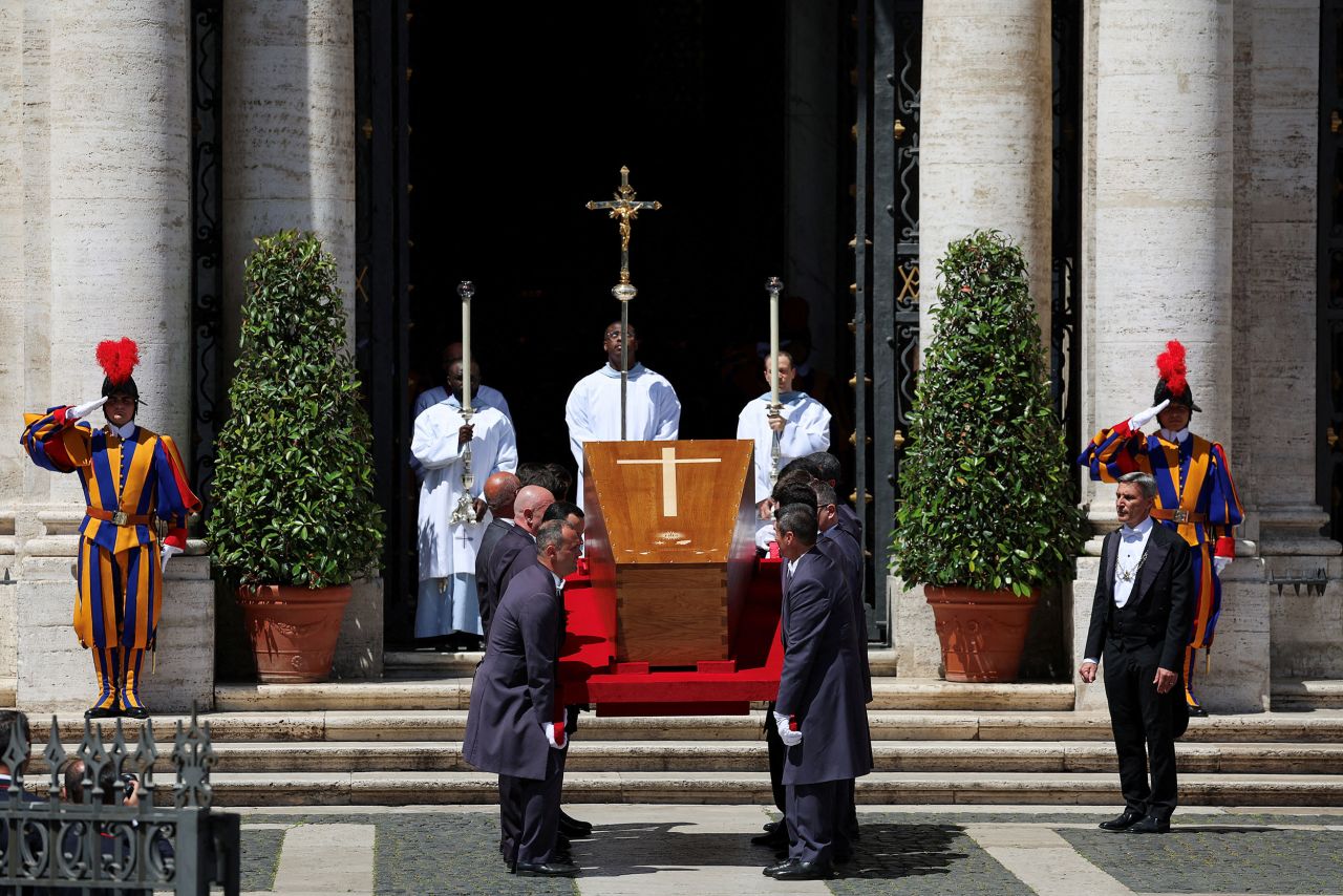 Pallbearers carry the coffin of Pope Francis, at the Papal Basilica of Santa Maria Maggiore during his funeral. Claudia Greco/Reuters