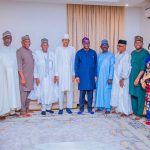 Former President Muhammadu Buhari receives a delegation of APC Leaders, led by National Chairman, Abdullahi Ganduje at his residence in Kaduna on Friday, April 11, 2025.