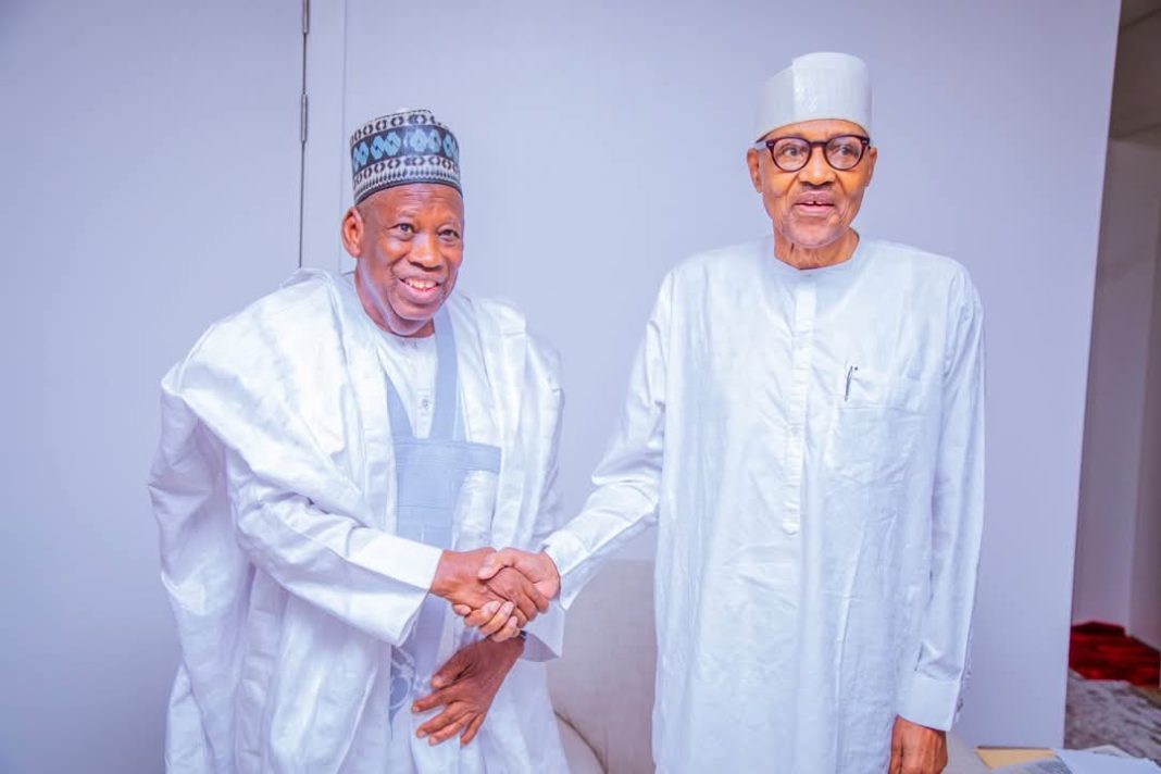 Former President Muhammadu Buhari receives a delegation of APC Leaders, led by National Chairman, Abdullahi Ganduje at his residence in Kaduna on Friday, April 11, 2025.