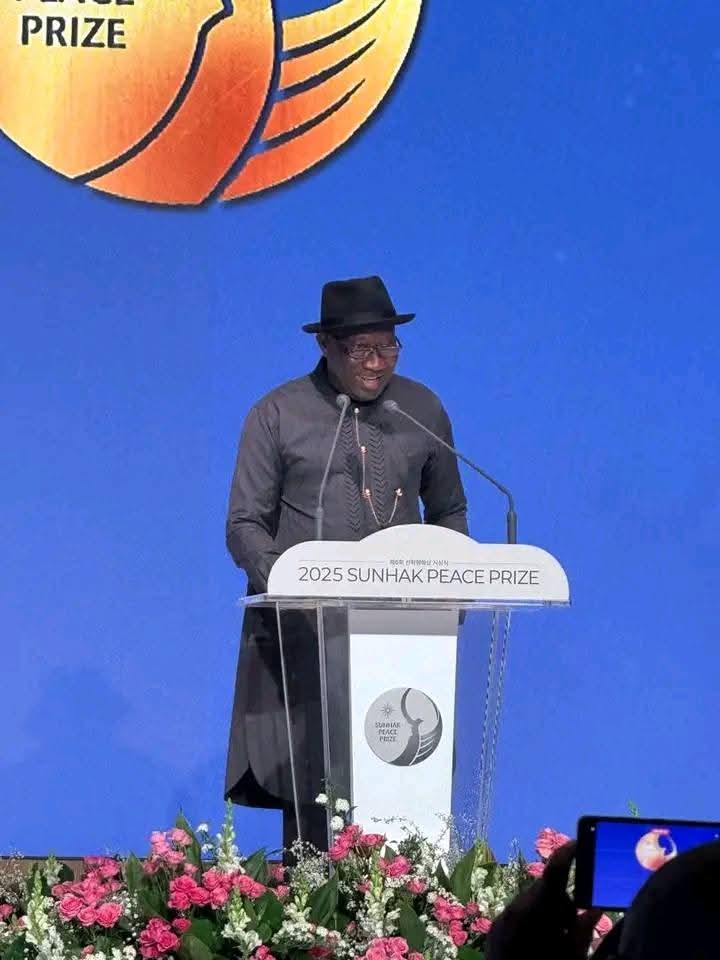 GEJ Sunhak . Goodluck Jonathan speaking at the 2025 Sunhak Peace Awards in Seoul Korea on Friday, April 11, 2025