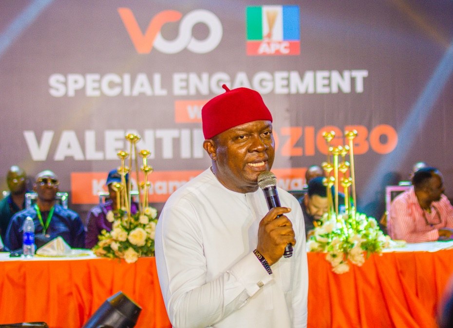 Valentine Ozigbo, a governorship aspirant of the All Progressives Congress (APC), speaks at a Townhall event he hosted for APC stakeholders in Anambra South Senatorial Zone in Nnewi, Anambra State on Thursday, March 27, 2025. | Williams Beljay/The Trent