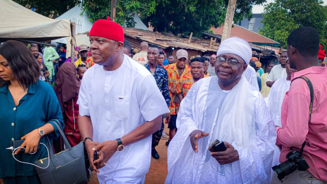 Valentine Ozigbo visits the Enugu Central Mosque for Eid prayer on Sunday, March 30, 2025. Receiving Ozigbo and his delegation, Alhaji Garba Suleiman Haruna, the Sarkin Hausawa of Enugu and head of the Muslim community in Enugu State. | Clinton Oguh/The Trent