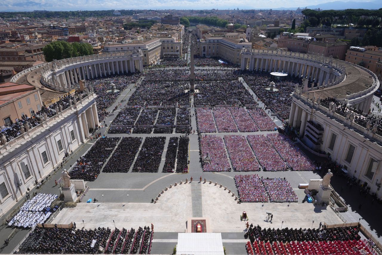 This photo, taken from St. Peter’s Basilica, shows the pope’s coffin and the crowd during his funeral. Alessandra Tarantino/AP