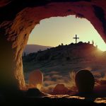 Empty tomb of Jesus with open entrance and cross, AI generative