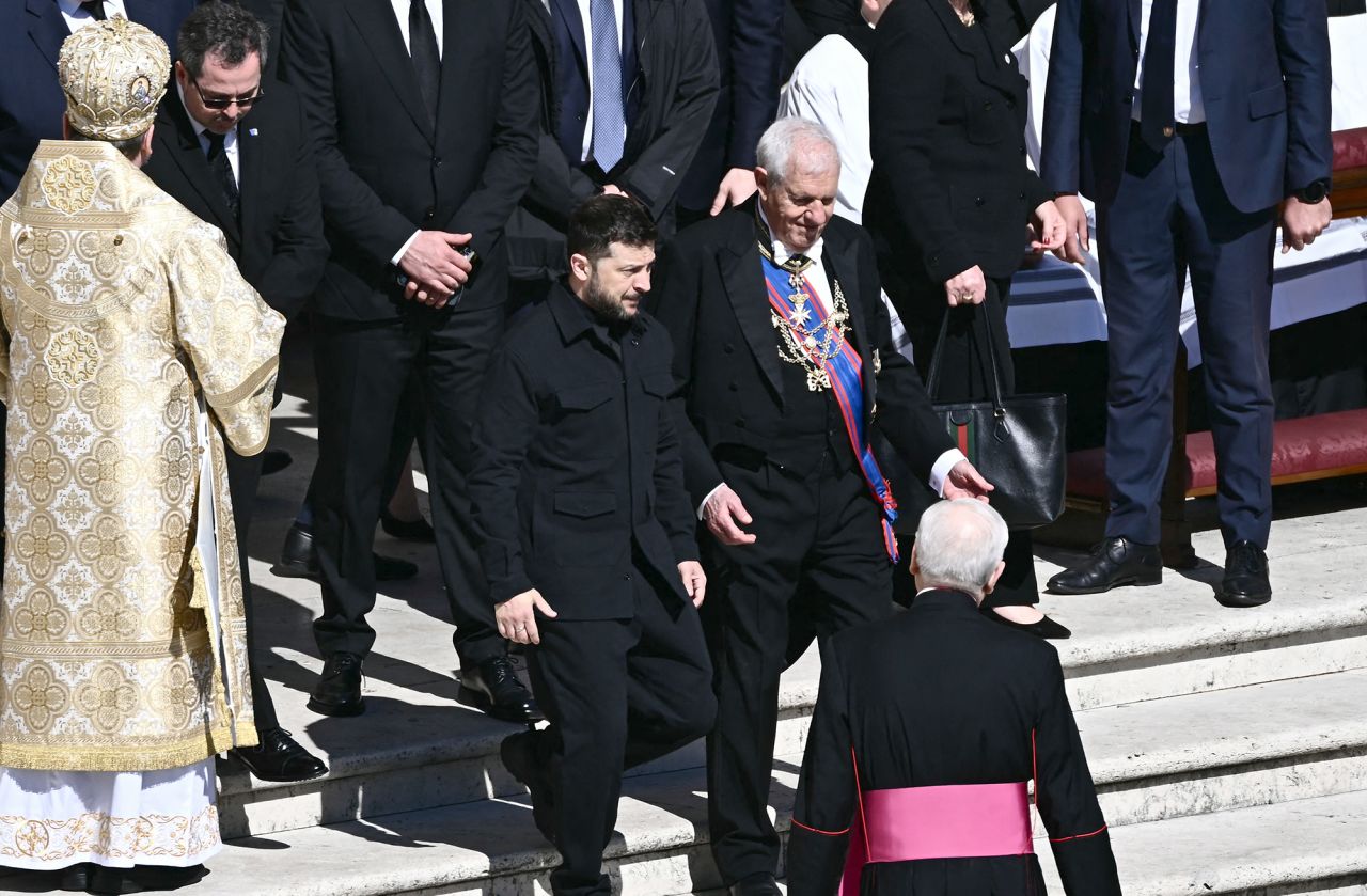 Ukraine's President Volodymyr Zelensky arrives ahead of the late Pope Francis' funeral ceremony at St Peter's Square. Filippo Monteforte/AFP/Getty Images