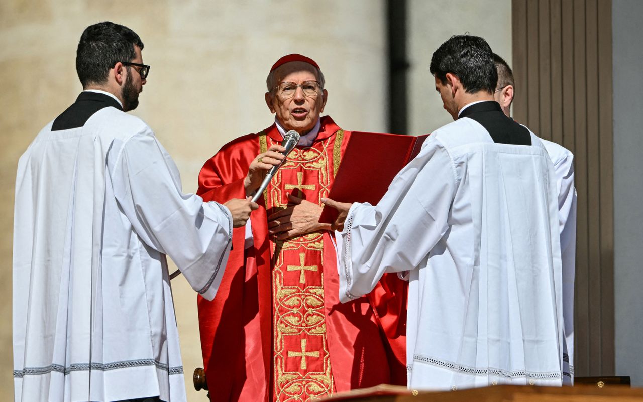 Italian cardinal Giovanni Battista Re officiates the mass in front of the coffin of late Pope Francis on Saturday, April 26, 2025. | Alberto Pizzoli/AFP/Getty Images