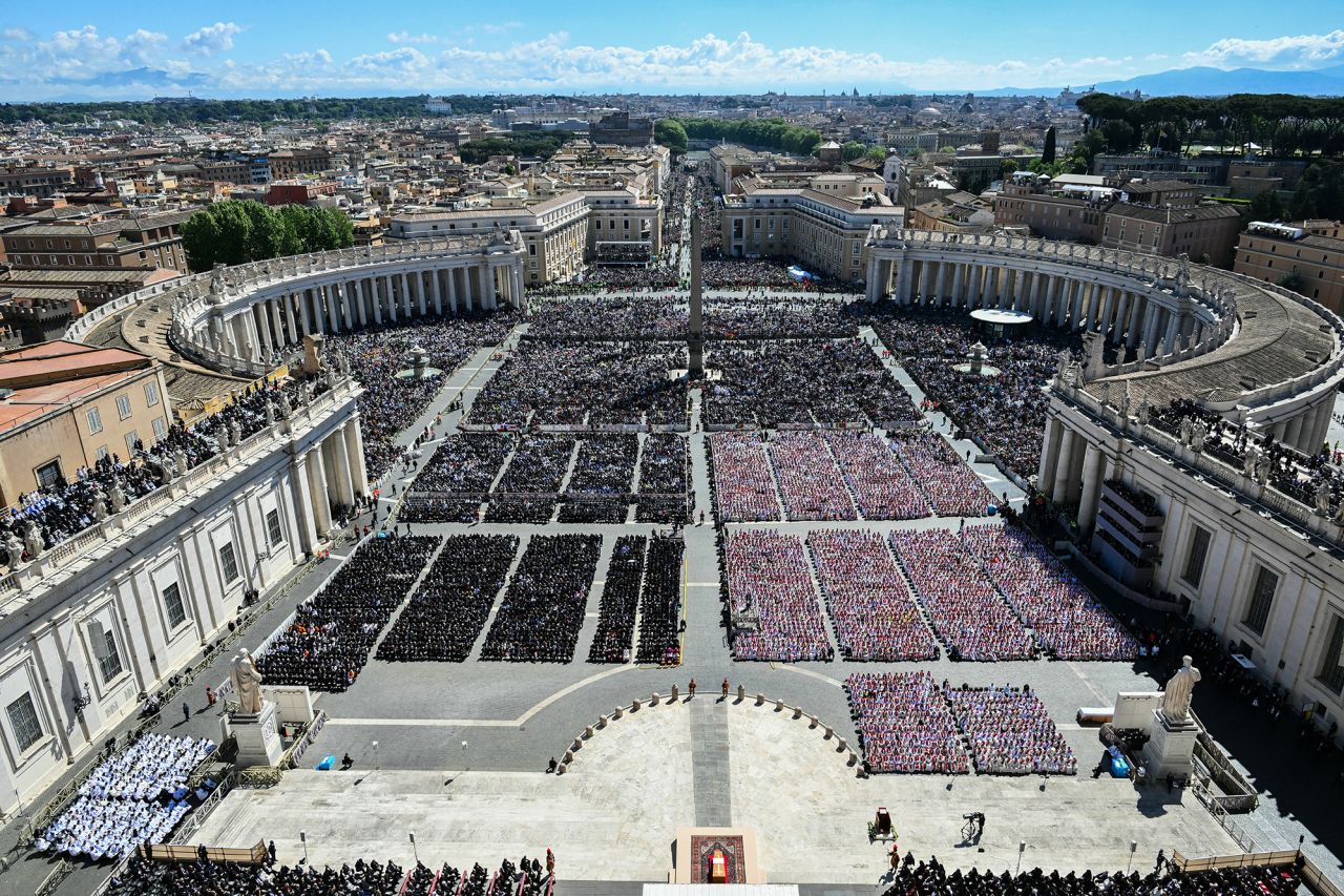 A photograph taken from St Peter Basilica shows a general view of late Pope Francis funeral ceremony in St Peter's Square. Alberto Pizzoli/AFP/Getty Images