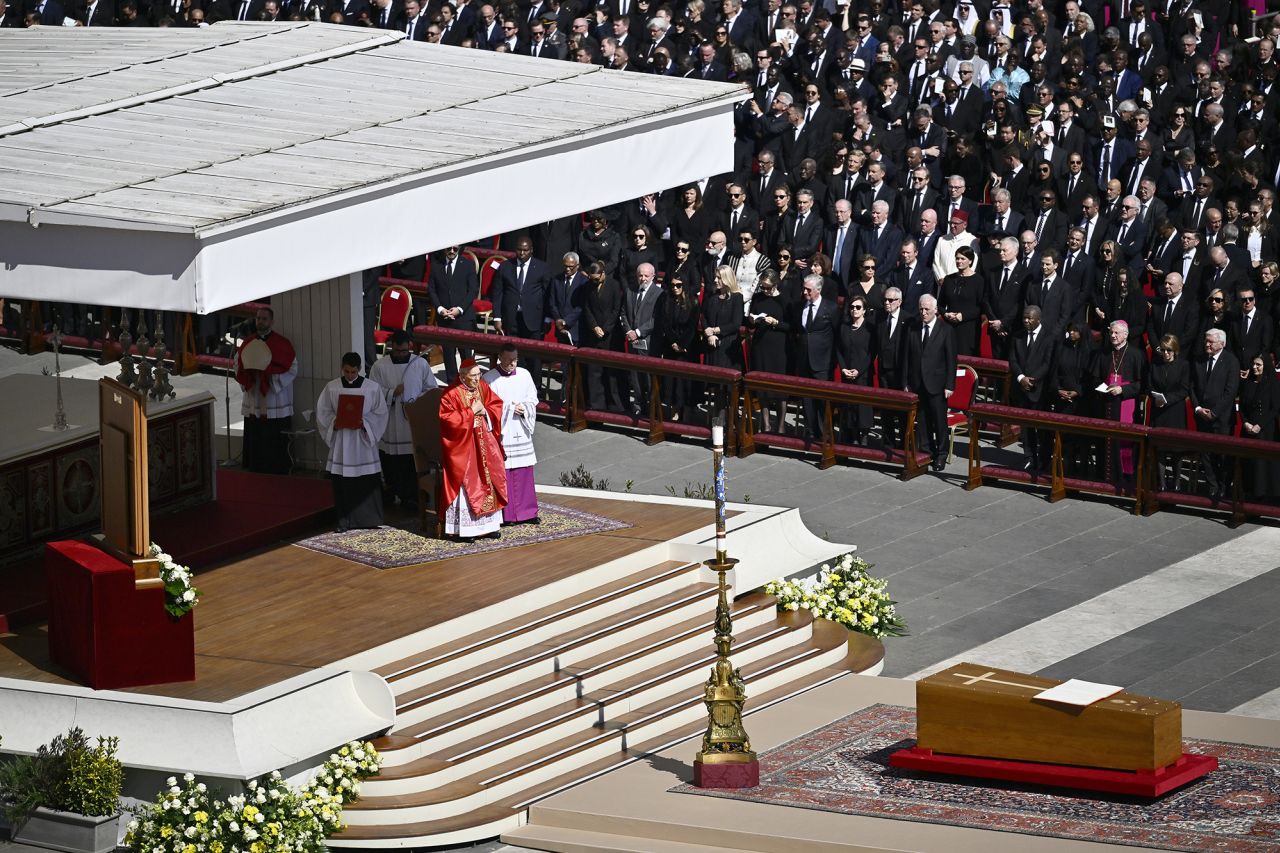 Cardinal Giovanni Battista Re officiates the mass in front of the coffin during the funeral of Pope Francis in St. Peter’s Square on Saturday, April 26, 2025. | Antonio Masiello/Getty Images