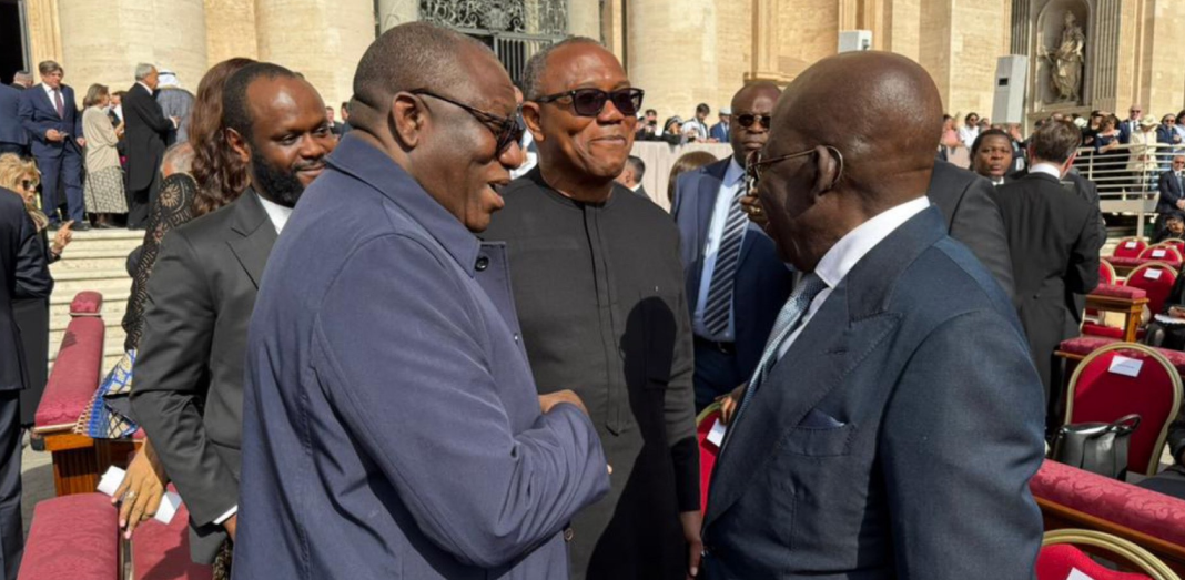 President Bola Tinubu exchanges pleasantries with Peter Obi and Kayode Fayemi, as Seyi Tinubu looks on at the inauguration of Pope Leo XIV at the Vatican City on Sunday, May 18, 2025