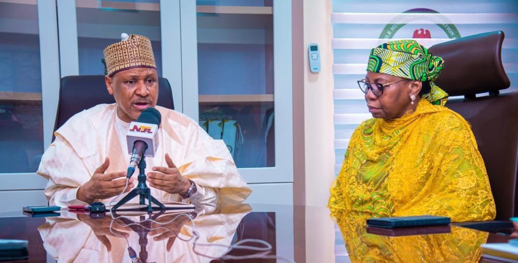 Minister of Information and National Orientation, Mohammed Idris (left) and the Permanent Delegate of Nigeria to UNESCO, Dr. Hajo Sani (right) during a courtesy visit to the minister in Abuja on Thursday, March 27, 2025.