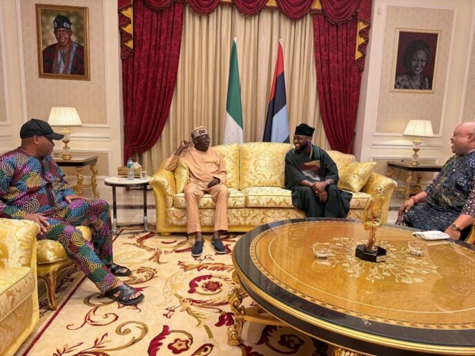 L-R: Businessmen Adedeji Adeleke, President Bola Tinubu, David Adeleke (Davido) and Governor Ademola Adeleke during a courtesy visit by the Adeleke family to President Tinubu at his residence in Lagos on Tuesday, June 3, 2025