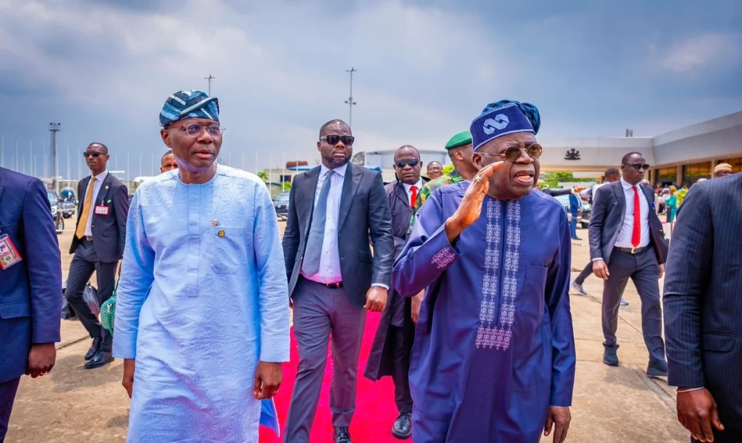 President Bola Tinubu being accompanied to the airport by Babajide Sanwo-Olu, governor of Lagos state, on June 10, 2025